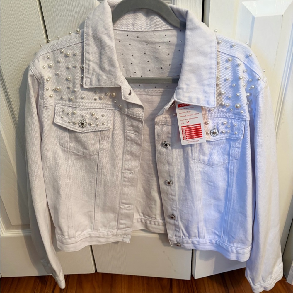Women's White Pearl-Studded Denim Jacket